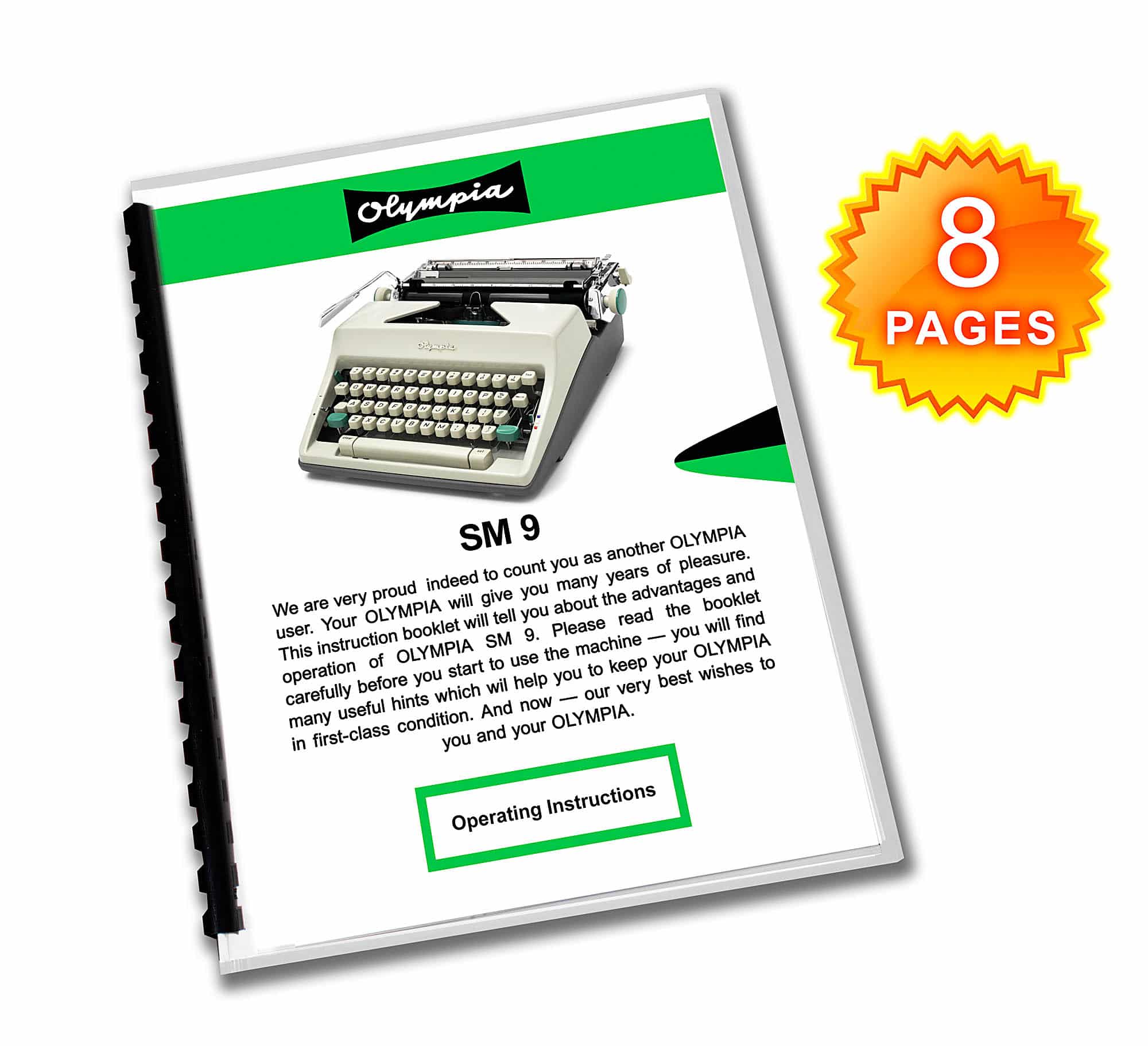Olympia SM9 De Luxe Typewriter (1964-1967) White Operating Instructions User Manual