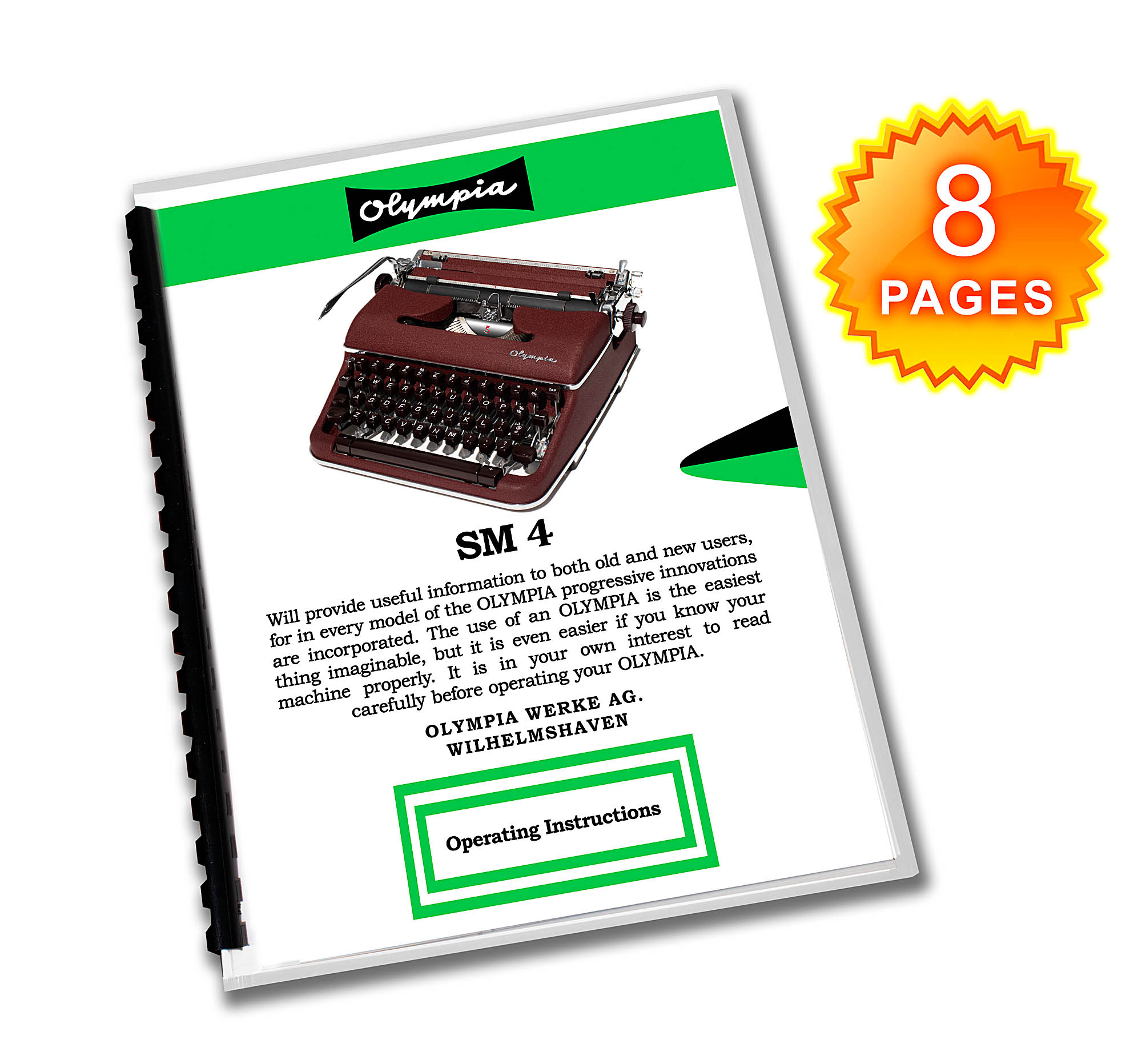 Olympia SM4 Typewriter (1959 - 1961) Burgundy Operating Instructions User Manual