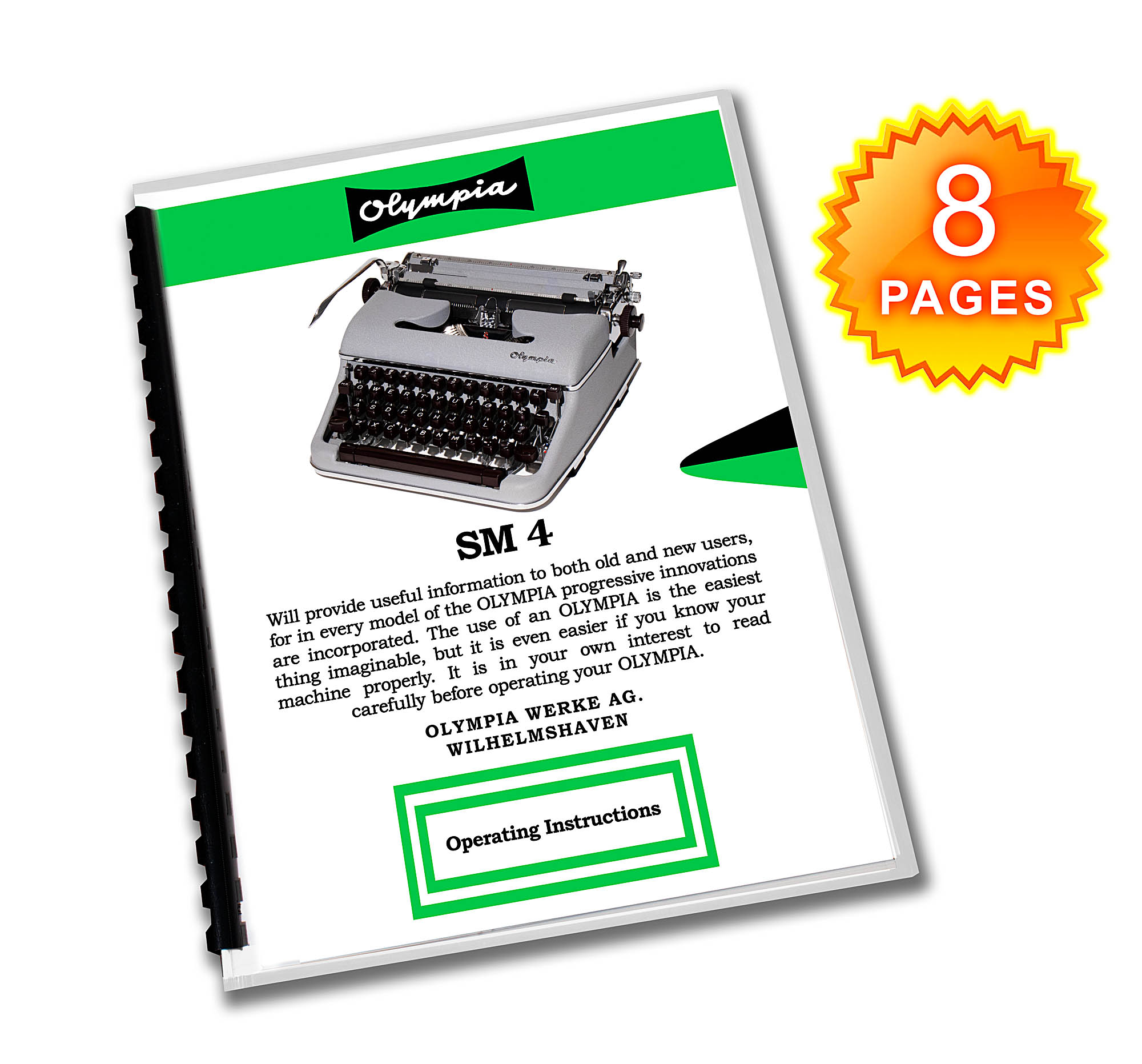 Olympia SM4 Typewriter (1959 - 1961) Gray/Grey Operating Instructions User Manual