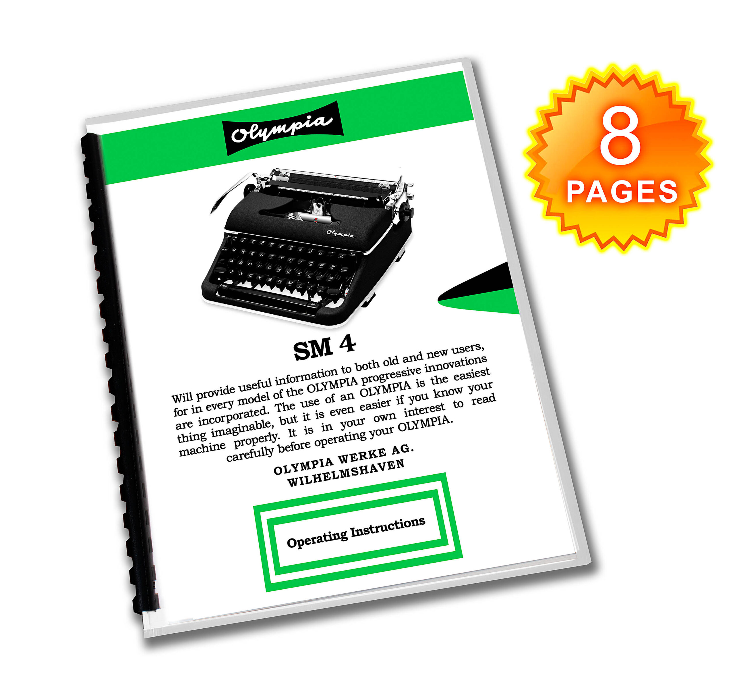 Olympia SM4 Typewriter (1959 - 1961) Black Operating Instructions User Manual