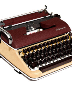 Vintage Olympia typewriter with a beige body and dark brown keys set on a white background.