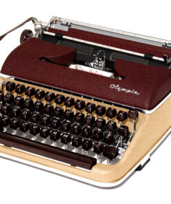 Vintage Olympia typewriter with burgundy body and dark brown keys on a beige base, angled view showing keyboard and carriage return lever.