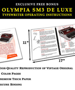 Advertisement for Olympia SM3 De Luxe typewriter instructions; shows open manuals with 11x17 inch dimensions and feature bullets.