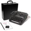 Portable Smith-Corona vintage typewriter with its black carrying case and instruction sheets nearby.