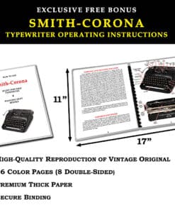 Advertisement for Smith-Corona typewriter operating instructions with a black header and yellow text; shows a booklet and an open manual with 11