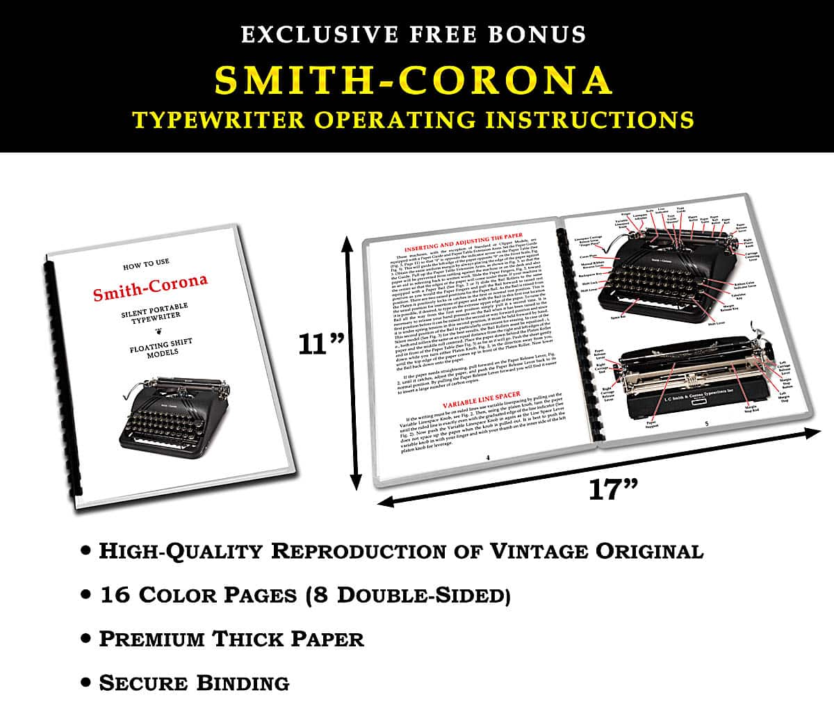 Advertisement for Smith-Corona typewriter operating instructions with a black header and yellow text; shows a booklet and an open manual with 11" and 17" measurements and bullet-point product features below.