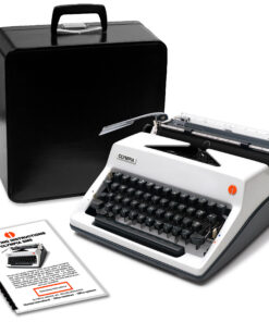 Orange and black Olympia typewriter with its black case and user manuals nearby, on a white background