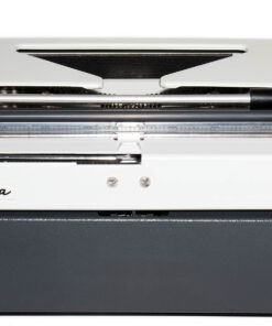 Vintage Olympia typewriter with white top and gray base, showing the typing mechanism and carriage rods in the center