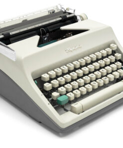 Vintage Olympia-typewriter with a cream body and beige round keys on a white background.
