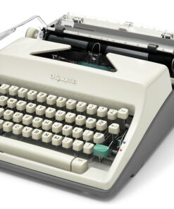 Vintage Olympia typewriter with cream body and teal keys on a white background.