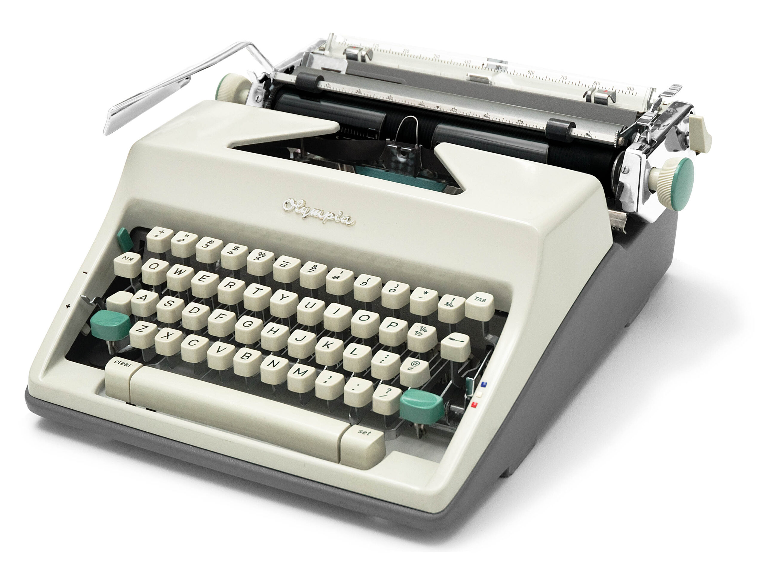 Vintage Olympia typewriter with cream body and teal keys on a white background.