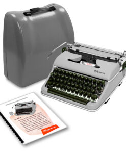 Vintage Olympia typewriter with its hard case and instruction sheets spread nearby.