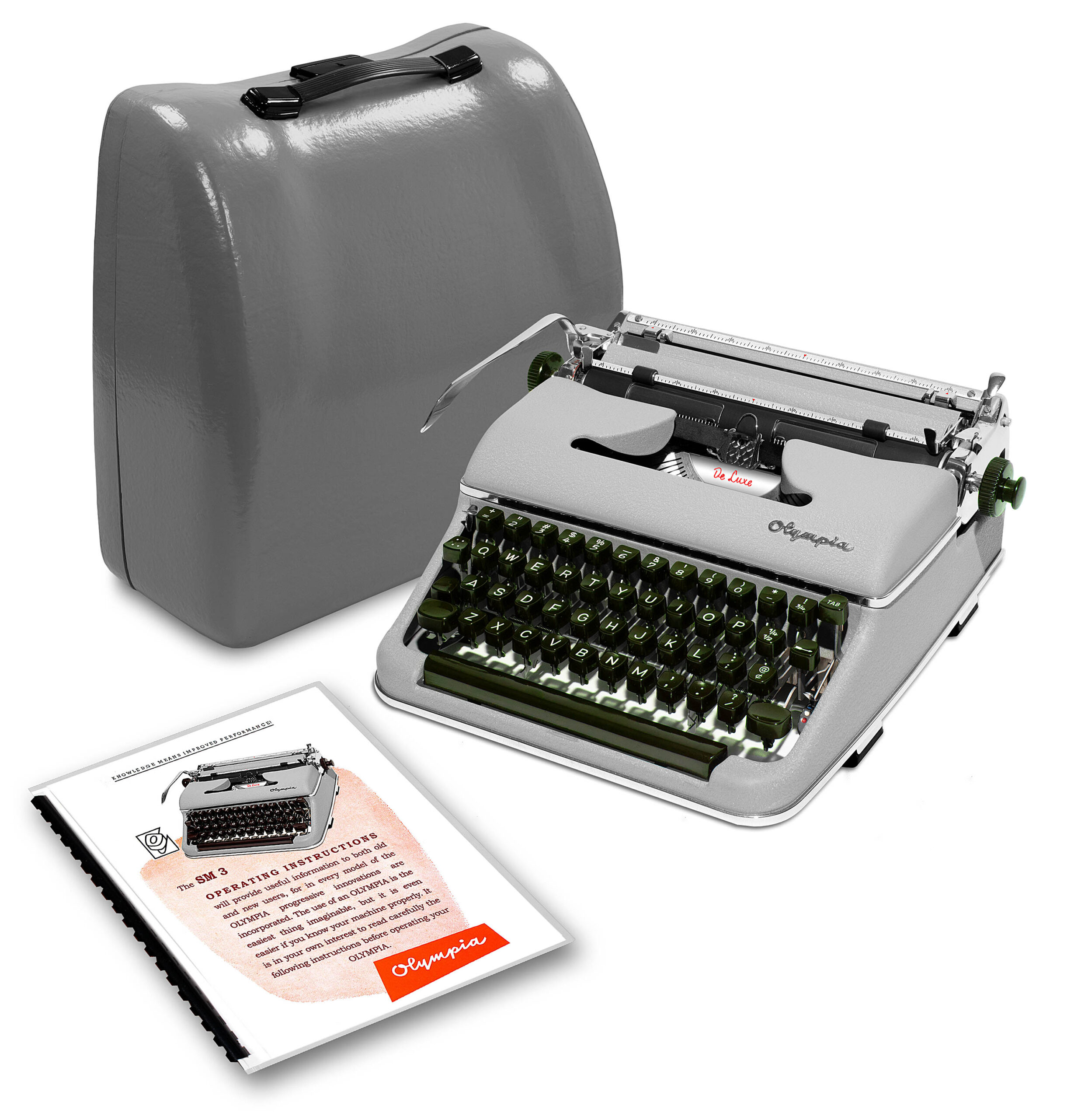 Vintage Olympia typewriter with its hard case and instruction sheets spread nearby.