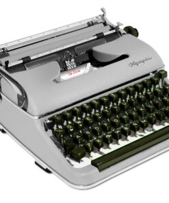 Close-up of a vintage gray manual typewriter showing the typewriter bar, ribbon, and olive-green keys