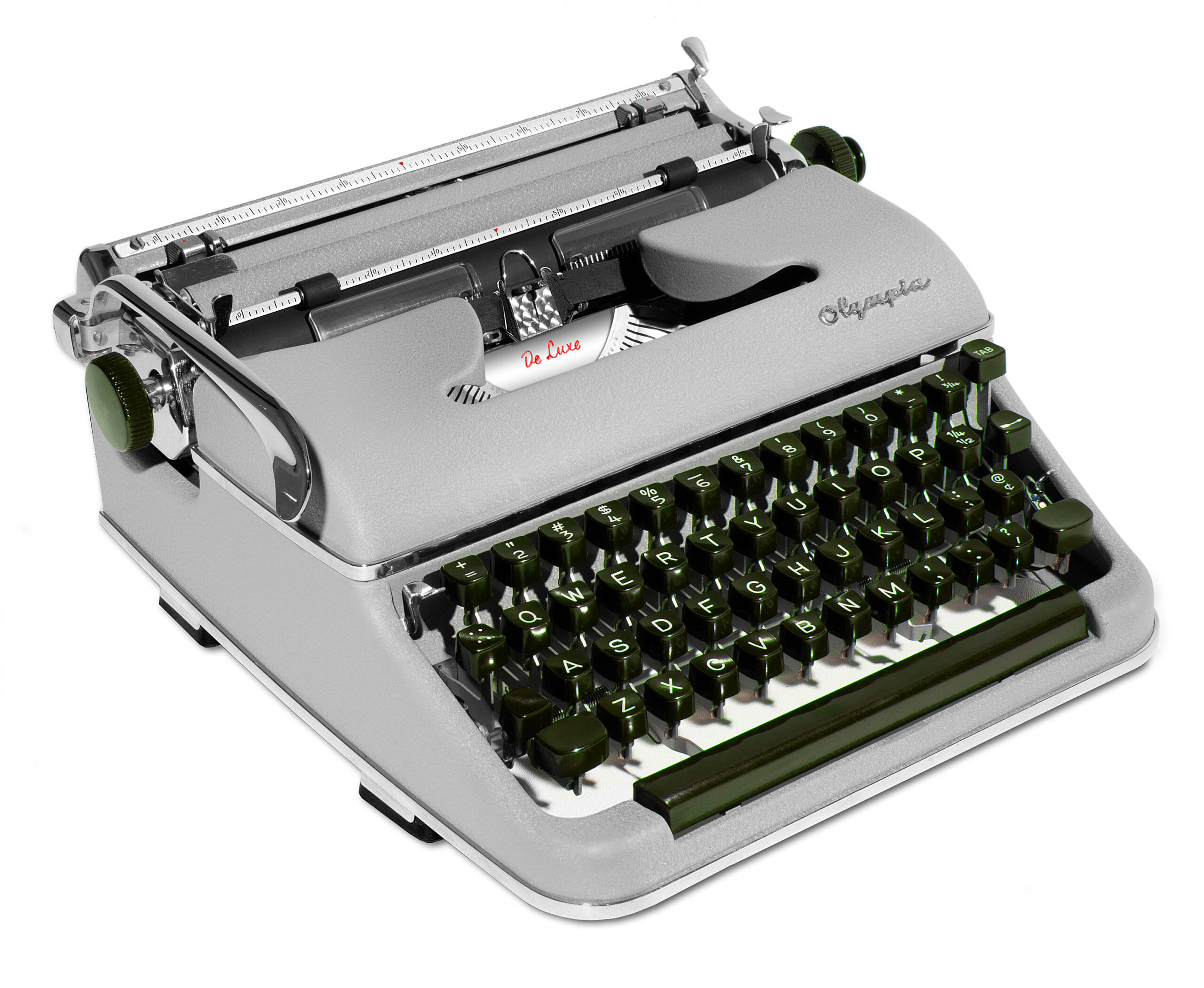 Close-up of a vintage gray manual typewriter showing the typewriter bar, ribbon, and olive-green keys