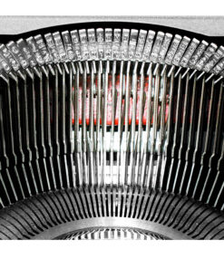Close-up of a vintage typewriter's curved type bars with a red glow behind the scene.