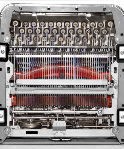 Close-up of a vintage typewriter's internal mechanism, showing type hammers, ribbon, and carriage gears.