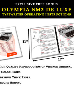 Promo image for Olympia SM3 De Luxe instruction manuals; features include 8 color pages and premium thick paper.