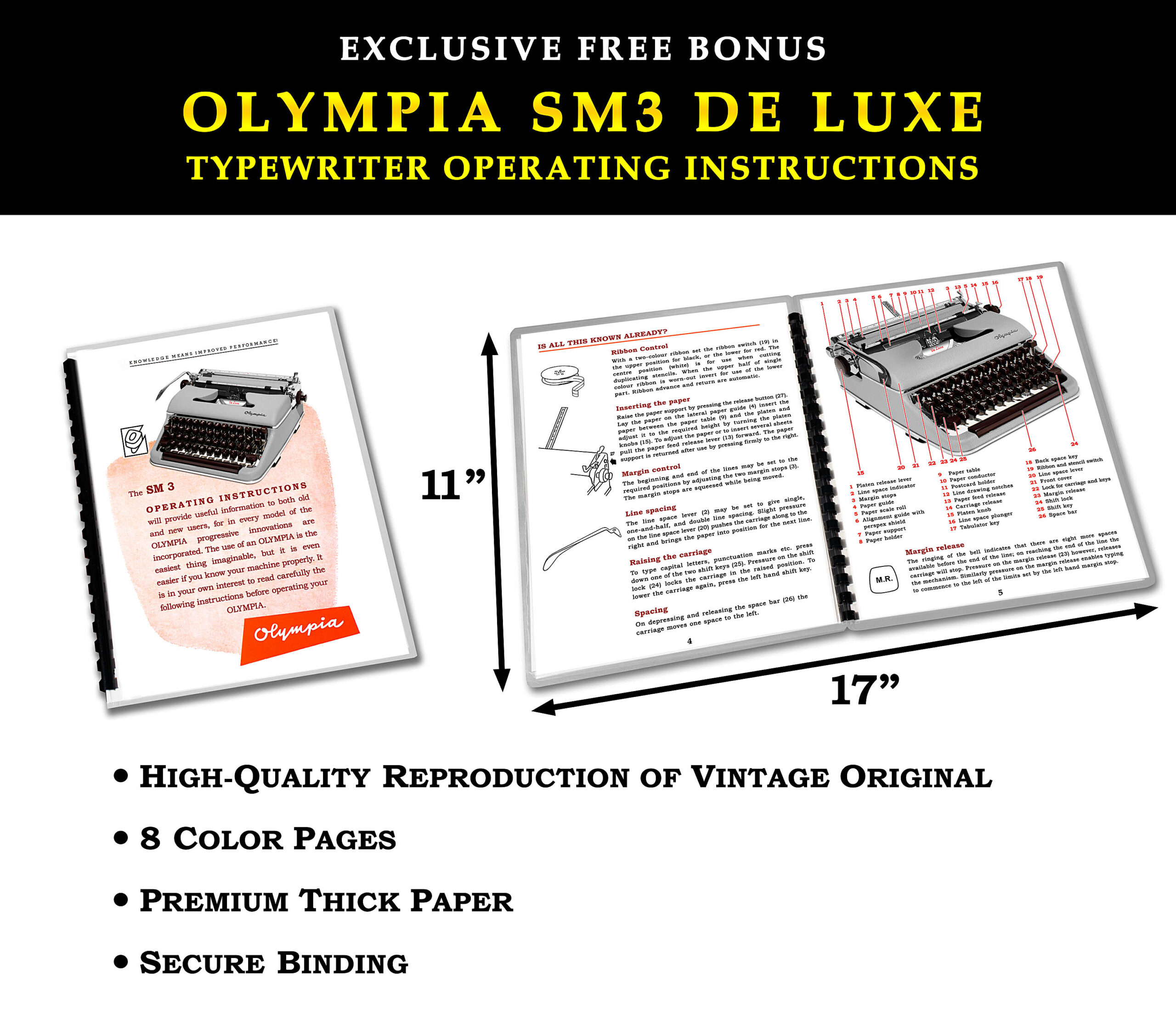 Promo image for Olympia SM3 De Luxe instruction manuals; features include 8 color pages and premium thick paper.