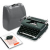 Vintage Olympia manual typewriter with green body, resting beside a gray carrying case on a white background.