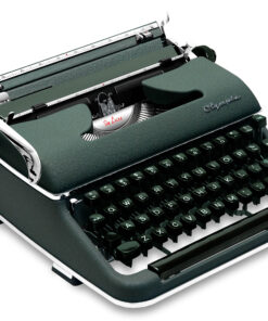 Vintage green Olympia typewriter viewed from above, showing keyboard and carriage with metal trim on a white background.