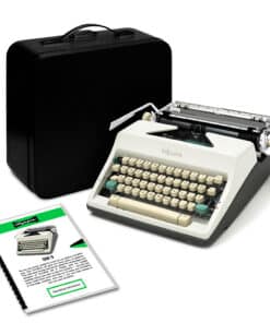 Vintage Olympia typewriter with beige keys beside a black carrying case on a white background.