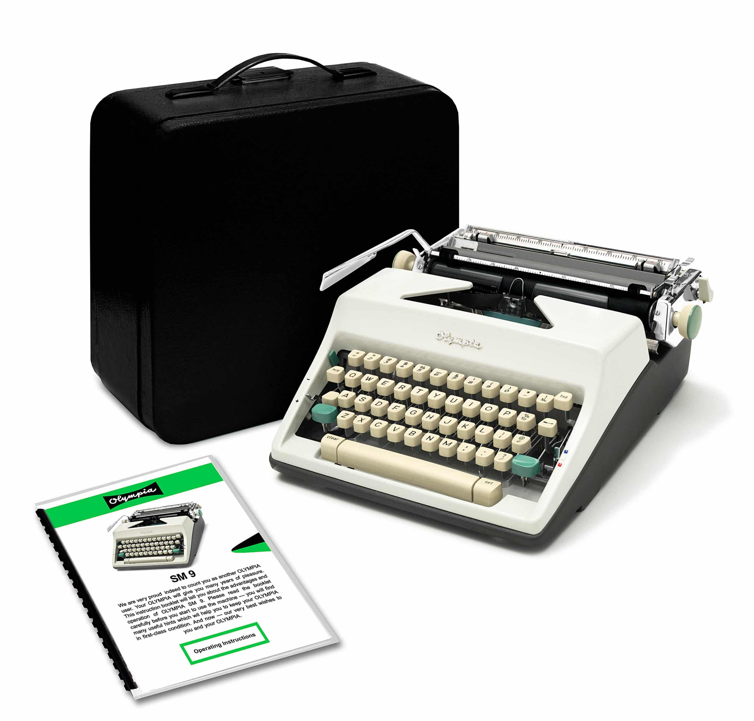 Vintage Olympia typewriter with beige keys beside a black carrying case on a white background.