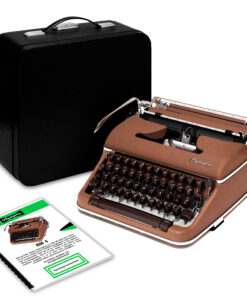 Brown portable Olympia typewriter with exposed typebars beside a black carrying case and instruction sheets nearby.