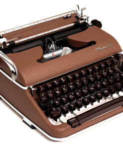 Brown vintage Olympia typewriter viewed from the top-right, showing keys, ribbon, and metal carriage