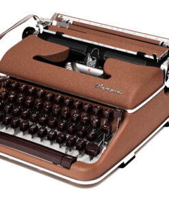 Brown vintage Olympia typewriter close-up showing keyboard and exposed carriage components