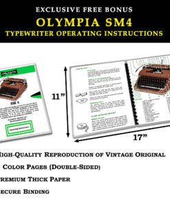 Ad for Olympia SM4 typewriter operating instructions, showing vintage booklets and 11x17 page layout with feature bullets at bottom