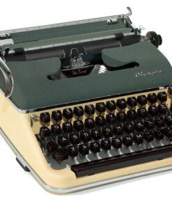 Vintage Olympia typewriter with a green body and dark brown keys, viewed from the front-left.