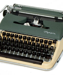 Vintage olive-green Olympia typewriter photographed from above showing keyboard and carriage rails.
