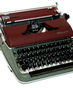 Vintage manual typewriter with burgundy body and black round keys, shown at an angle against a white background.