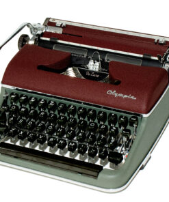 Vintage Olympia typewriter with burgundy housing and black keys, viewed from an angled top-left perspective.