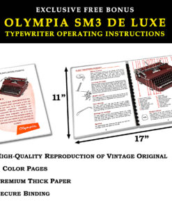 Promotional page showing Olympia SM3 De Luxe typewriter operating instructions with large diagrams, measurements (17x11 in), and a bullet list of features.