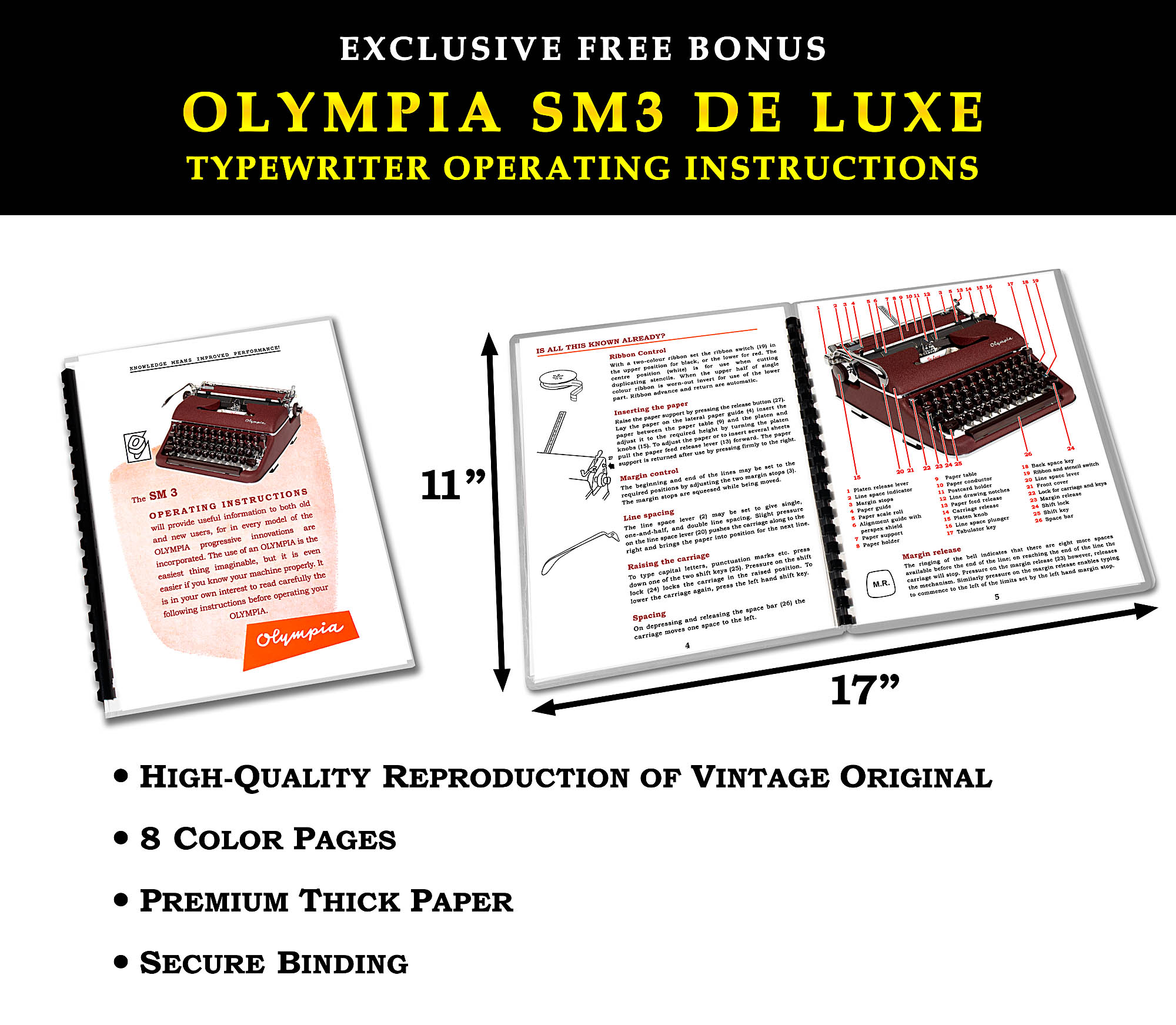 Promotional page showing Olympia SM3 De Luxe typewriter operating instructions with large diagrams, measurements (17x11 in), and a bullet list of features.