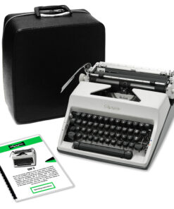 Vintage Olympia typewriter beside a black leather carrying case and instruction booklets.