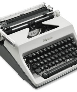 Close-up of a vintage Olympia typewriter showing keys, carriage, and metal typebars.