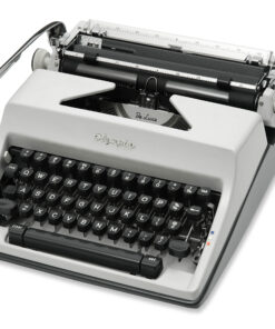 Vintage Olympia typewriter with black keys and silver body, viewed from the front-right.