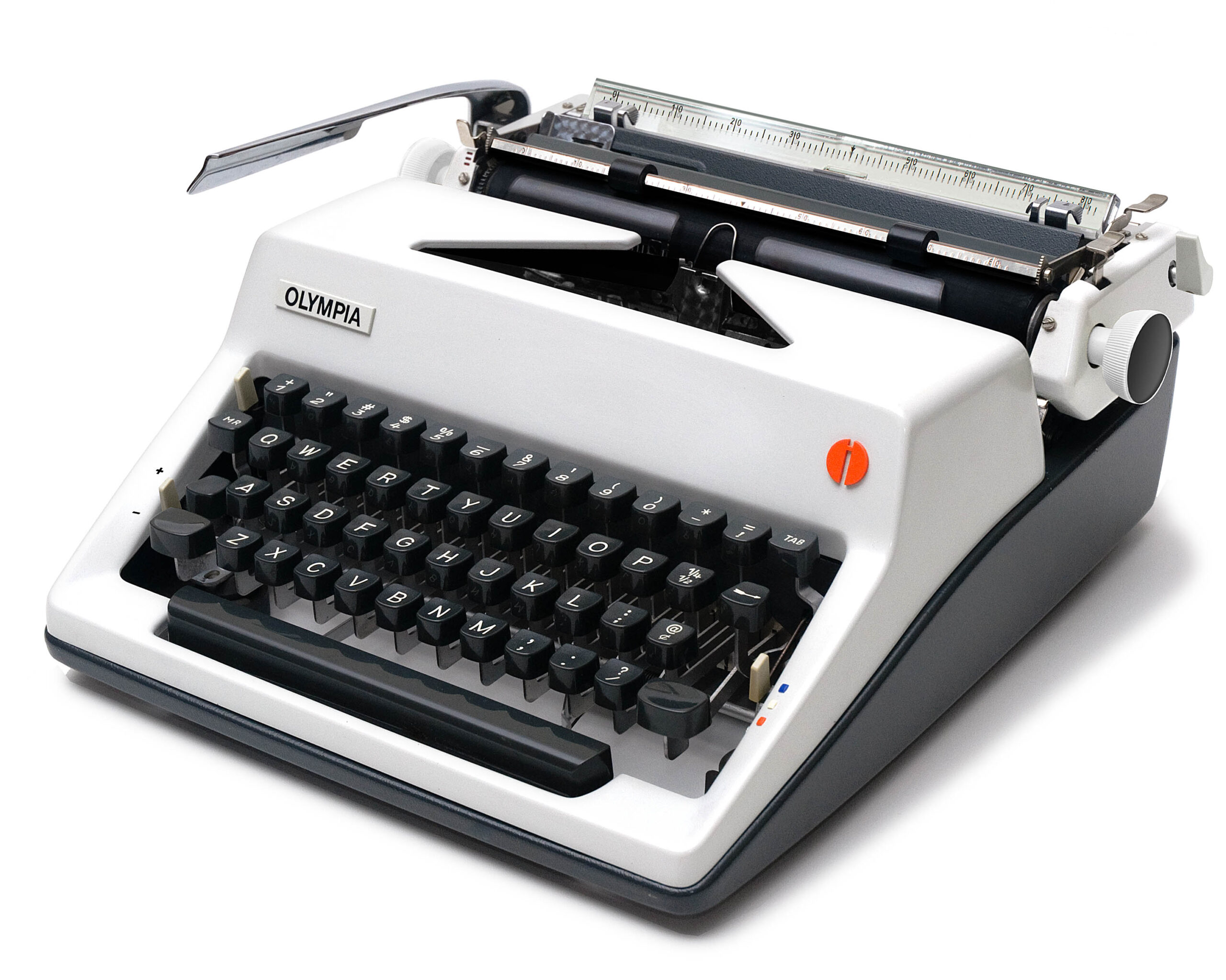 Olympia typewriter with black keyboard keys and silver body, angled view showing type mechanism and carriage rail.