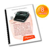 Tilted booklet page featuring a vintage Olympia typewriter and an orange '8 PAGES' badge.