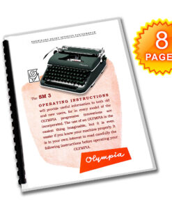 Tilted booklet page featuring a vintage Olympia typewriter and an orange '8 PAGES' badge.