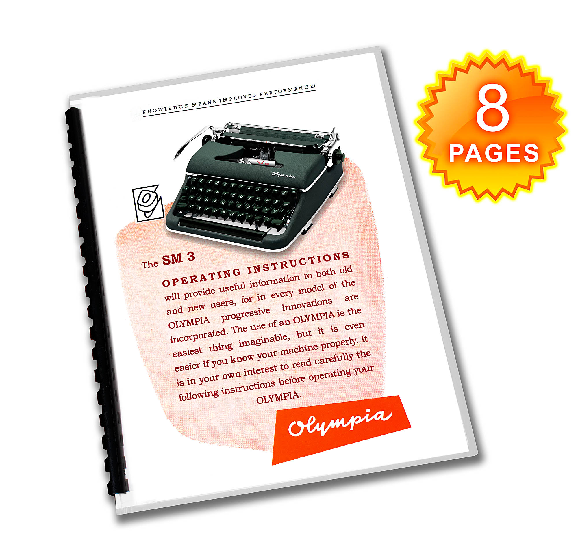 Tilted booklet page featuring a vintage Olympia typewriter and an orange '8 PAGES' badge.