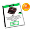 Brochure page showing a burgundy Olympia typewriter on white paper with green accents and an orange '8 PAGES' badge.