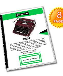 Brochure page showing a burgundy Olympia typewriter on white paper with green accents and an orange '8 PAGES' badge.