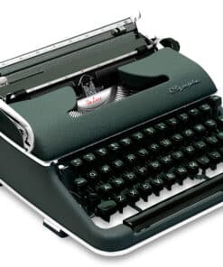 Green vintage typewriter with black round keys and metal carriage, photographed from above for a retro look.