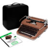 Vintage brown Olympia sewing machine with metal mechanics beside a black carrying case and scattered instruction sheets on a white background