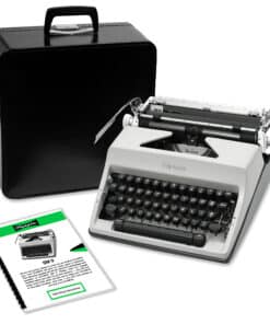Vintage Olympia typewriter with its open case and accompanying instruction sheets in view, black keys and metal mechanisms visible