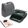 Vintage Olympia De Luxe typewriter with green body, open to keys, next to a gray carrying case and instruction sheets nearby.